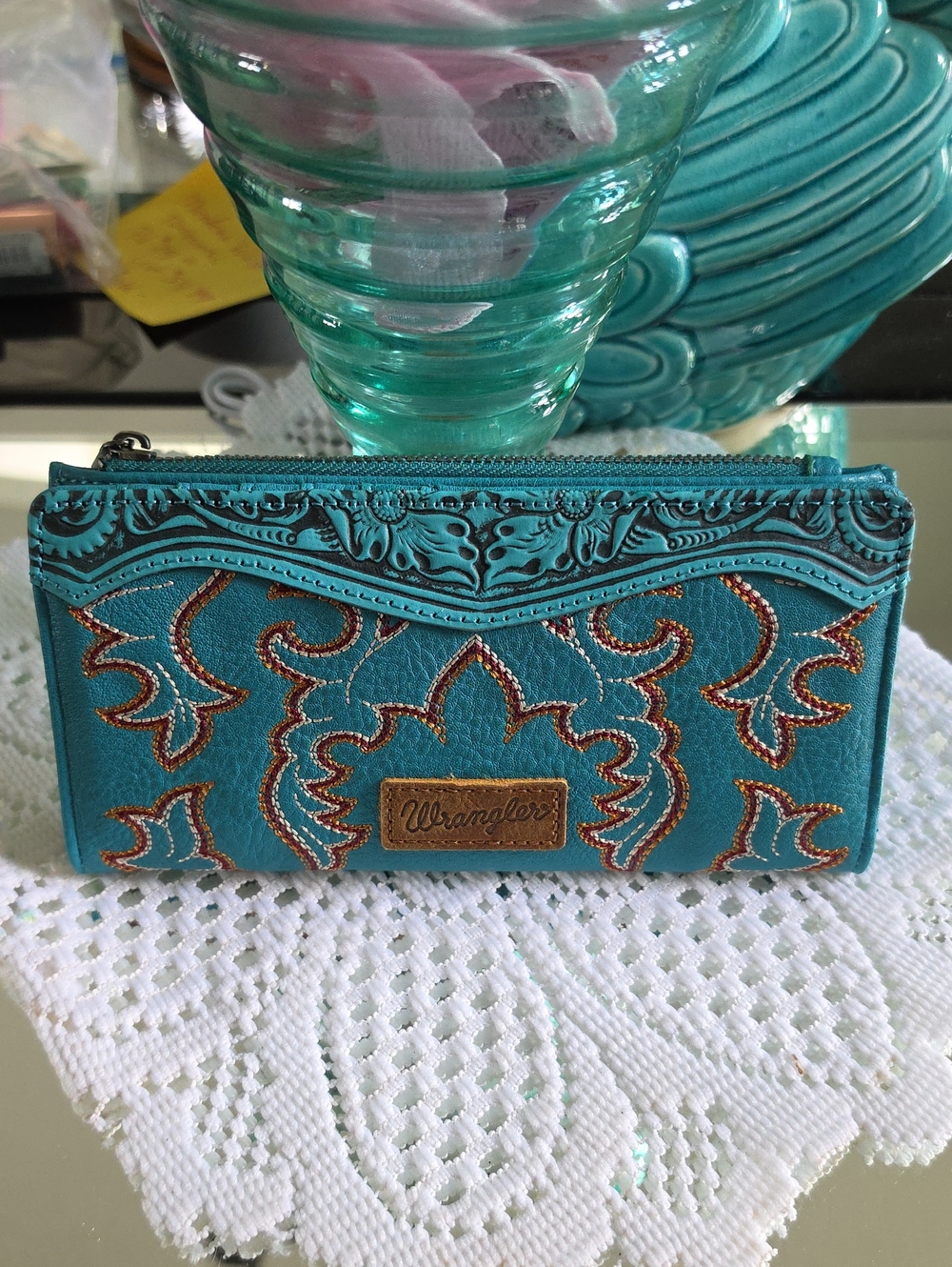 Wrangler Turquoise Embroidered Zip Wallet with Brown Trim